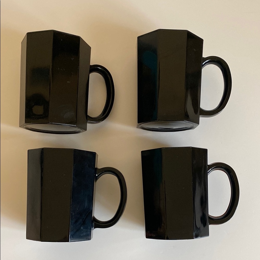 4 Vintage Arcoroc Octime Black Glass Coffee Mug Octagonal Shape Cup France set